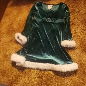 Bonnie Jean Emerald Green Velvet Dress. with Sparkle Trim. With Fux Fur.